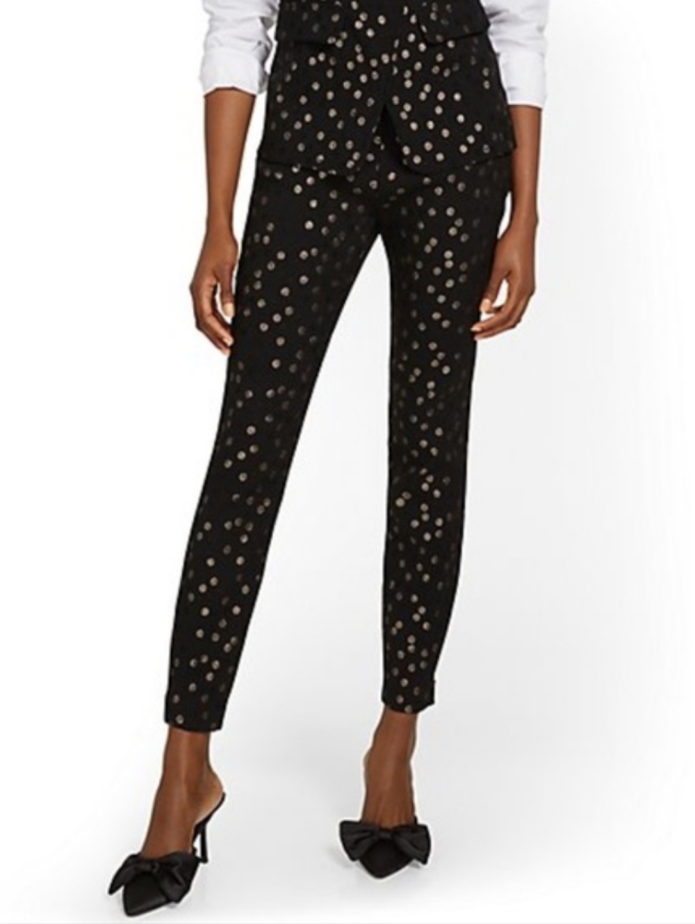 NWT New York & Company Black & Metallic Gold Polka Dot Slim Leg Pants